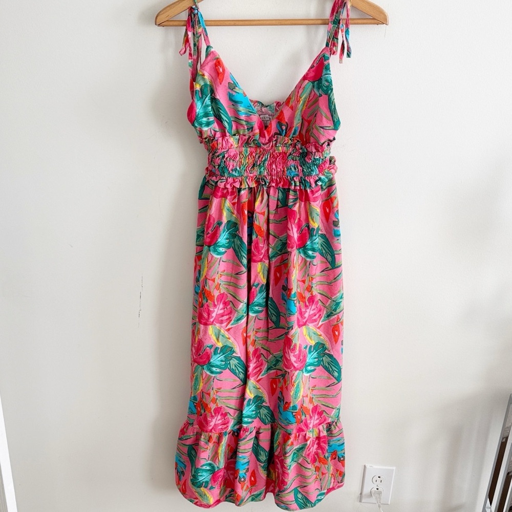 Dress forum Tropical Paradise print Sleeveless Shirred Waist Midi Dress sz small